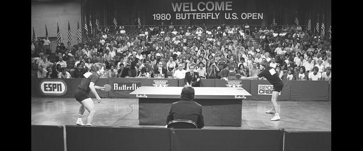 Mikael Appelgren playing Zoran Kosanovic at the ESPN-covered 1980 Butterfly U.S. Open. Image courtesy of Mal Anderson.