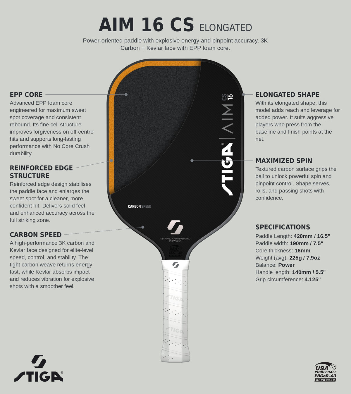 Stiga AIM 16 Carbon Speed Elongated Pickleball Paddle